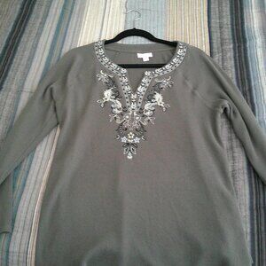 J. Jill Olive green Thermal  top with embrodery around the neckline  Size  L